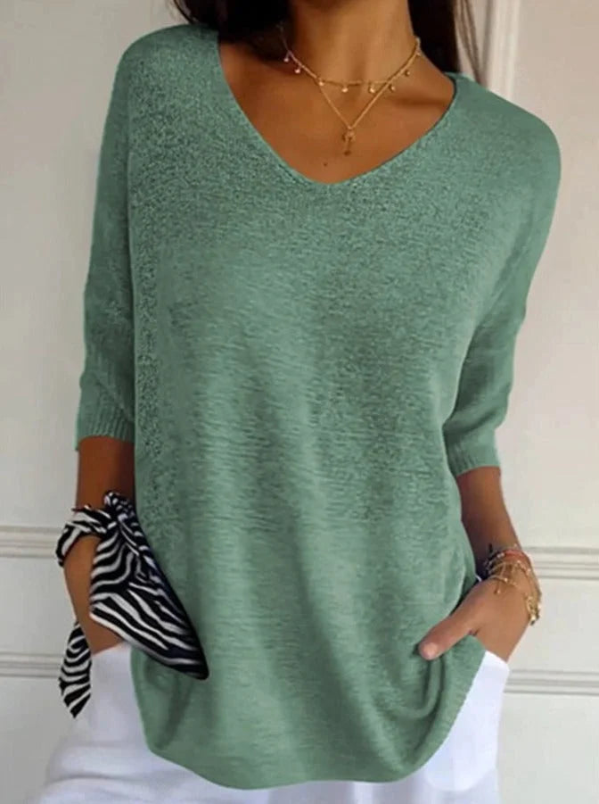 top de punto con cuello en V de color liso - Automaticprime