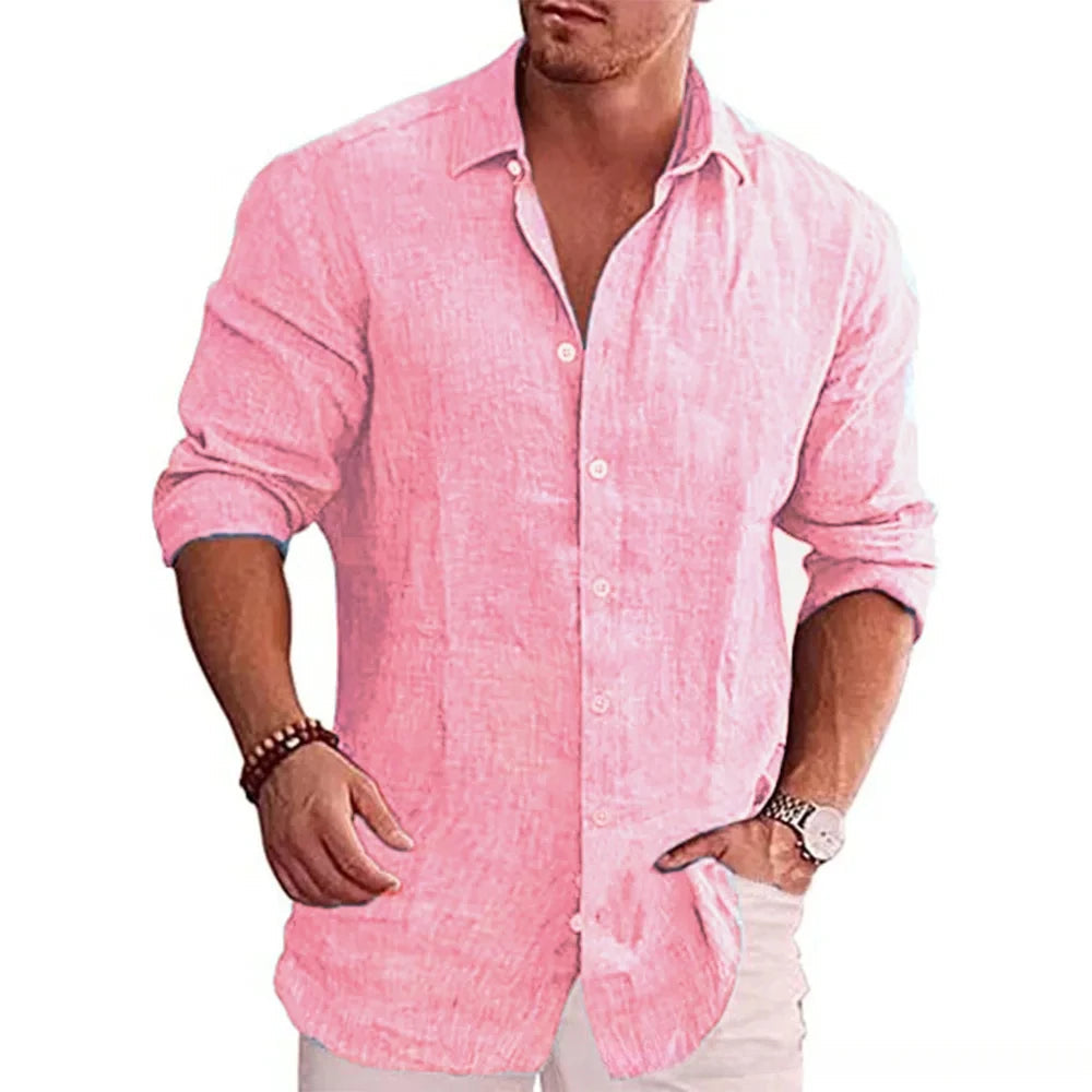 Camisa de manga larga de lino de algodón para hombre Estilo casual de color sólido - Automaticprime