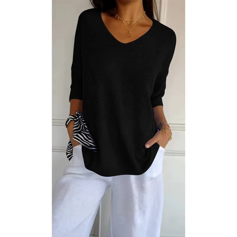 top de punto con cuello en V de color liso - Automaticprime