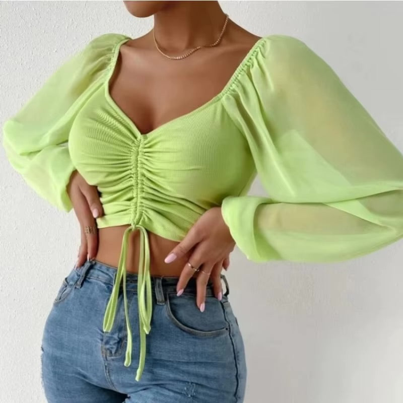 Camisa de mujer sexy de manga larga con mangas de malla y cordón envolvente - Automaticprime