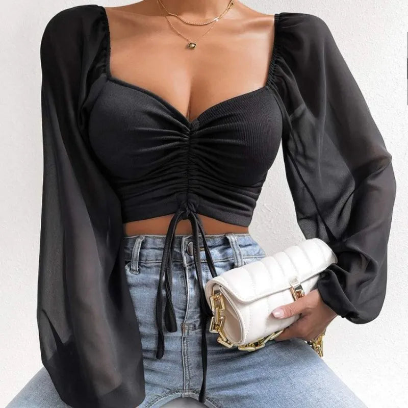 Camisa de mujer sexy de manga larga con mangas de malla y cordón envolvente - Automaticprime