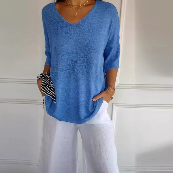 top de punto con cuello en V de color liso - Automaticprime