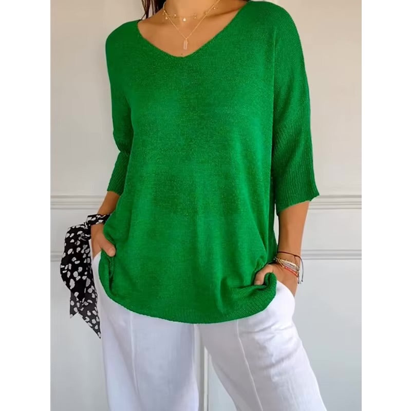 top de punto con cuello en V de color liso - Automaticprime