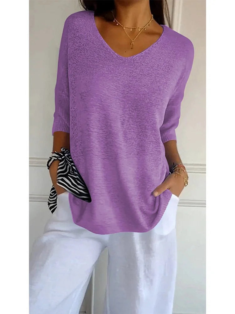 top de punto con cuello en V de color liso - Automaticprime