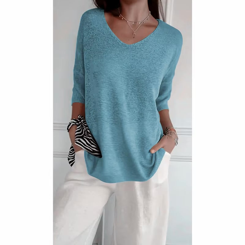 top de punto con cuello en V de color liso - Automaticprime