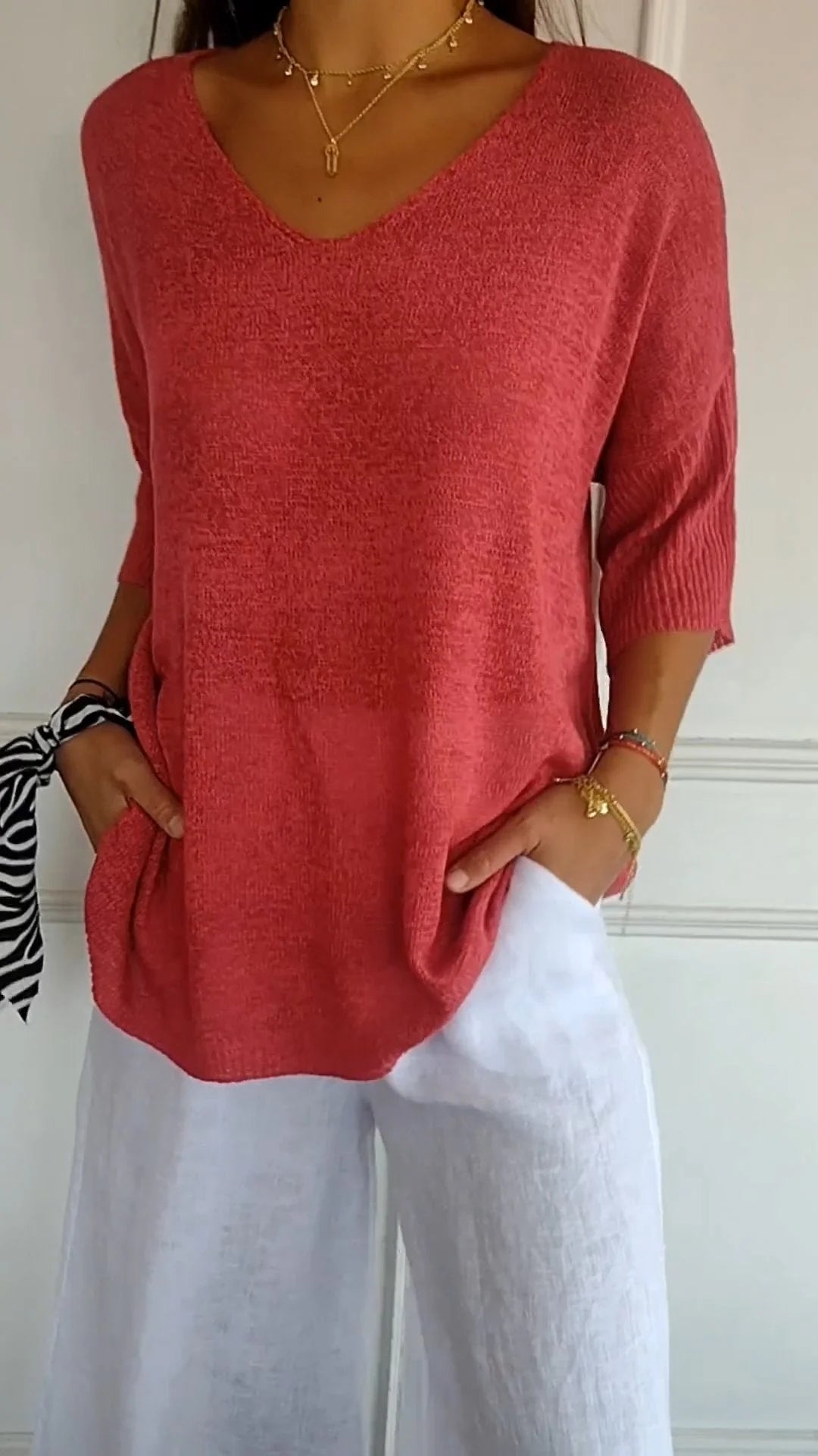 top de punto con cuello en V de color liso - Automaticprime
