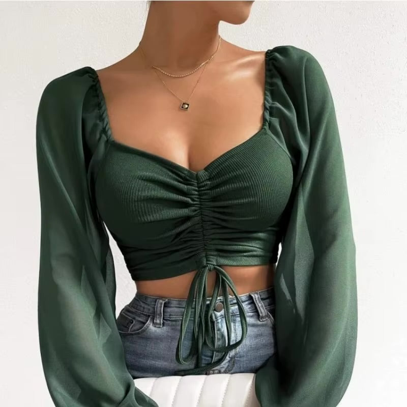 Camisa de mujer sexy de manga larga con mangas de malla y cordón envolvente - Automaticprime