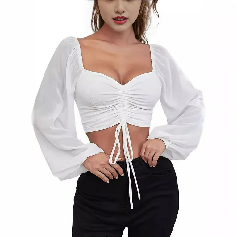 Camisa de mujer sexy de manga larga con mangas de malla y cordón envolvente - Automaticprime