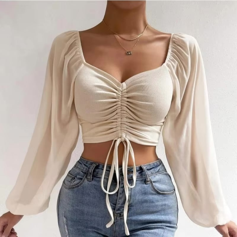 Camisa de mujer sexy de manga larga con mangas de malla y cordón envolvente - Automaticprime