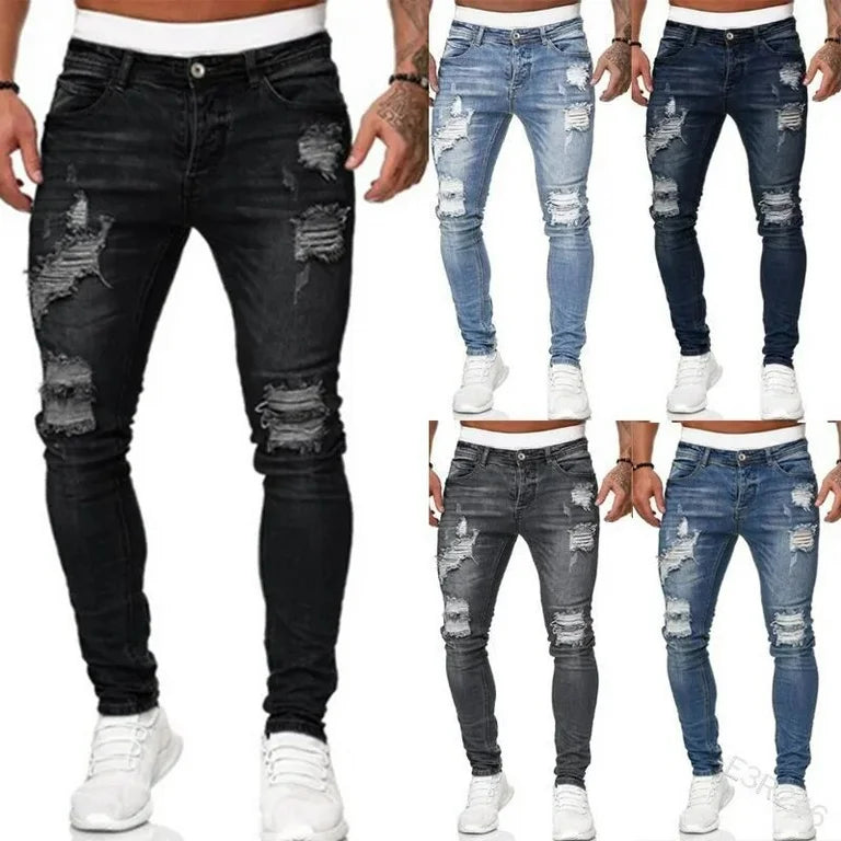 Moda Street Style Ripped Skinny Jeans Hombres Vintage