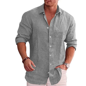 Camisa de manga larga de lino de algodón para hombre Estilo casual de color sólido