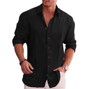 Camisa de manga larga de lino de algodón para hombre Estilo casual de color sólido