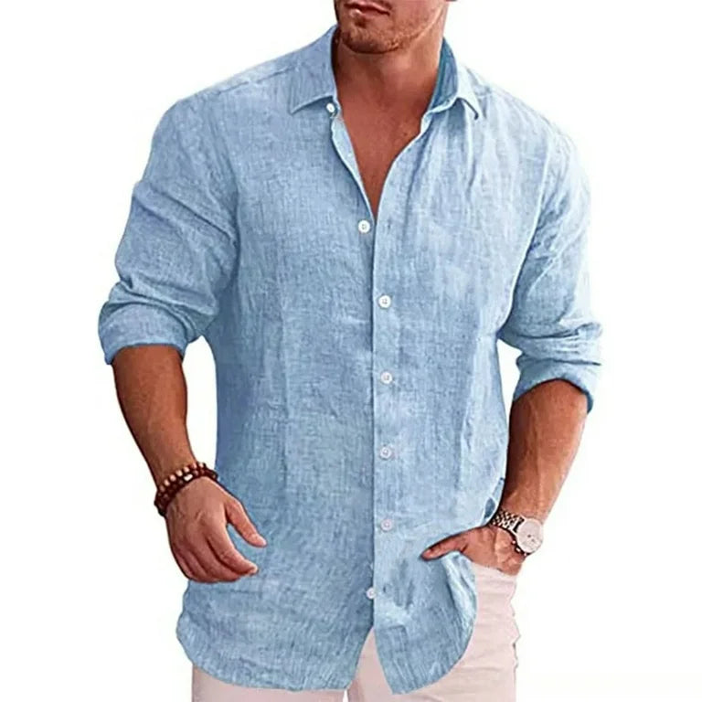 Camisa de manga larga de lino de algodón para hombre Estilo casual de color sólido