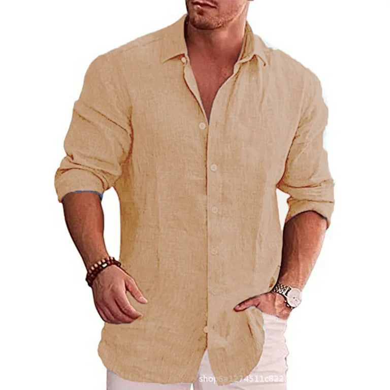 Camisa de manga larga de lino de algodón para hombre Estilo casual de color sólido