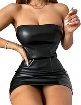 Mini vestido negro ajustado de cuero sin tirantes sexy para mujer