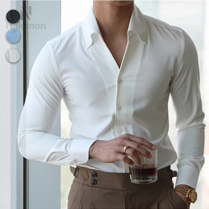 Camisa Hombre Cuello Italiano, Sin Arrugas, Casual, Slim-fit