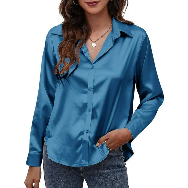 Camisas y blusas elegantes con acabado satinado y botones de manga larga para mujer