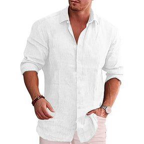 Camisa de manga larga de lino de algodón para hombre Estilo casual de color sólido