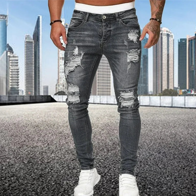 Moda Street Style Ripped Skinny Jeans Hombres Vintage